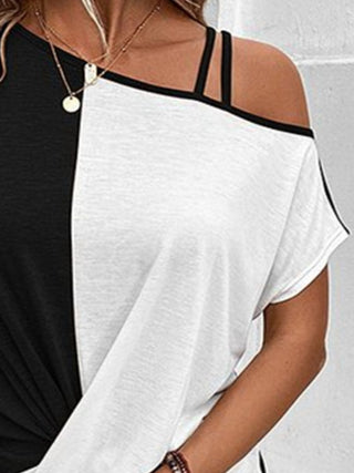 Contrast Asymmetrical Neck Short Sleeve T-Shirt Divacious