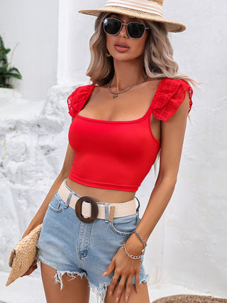 Square Neck Cap Sleeve Cropped Top Divacious