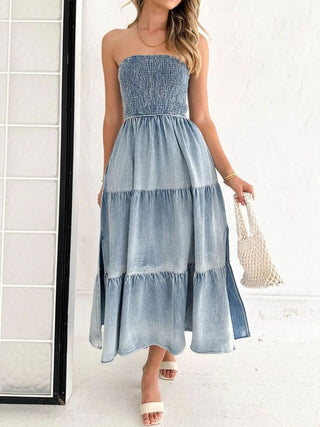 Slit Smocked Tube Tiered Denim Dress Divacious