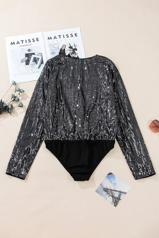 Sequin Surplice Long Sleeve Bodysuit - Divacious