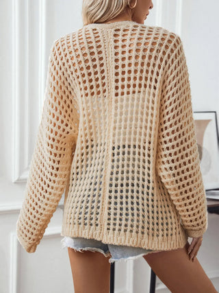 Openwork Open Front Long Sleeve Cardigan Divacious