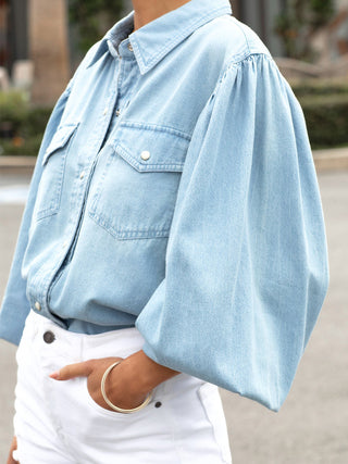 Snap Down Puff Sleeve Denim Top Divacious