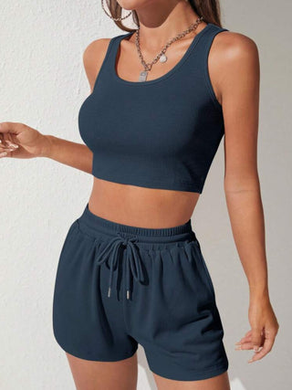 Scoop Neck Wide Strap Top and Drawstring Shorts Set Trendsi