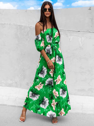 Pleated Floral Off-Shoulder Short Sleeve Midi Dress Trendsi