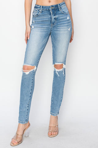 Full Size High Rise Knee Distressed Skinny Jeans Divacious