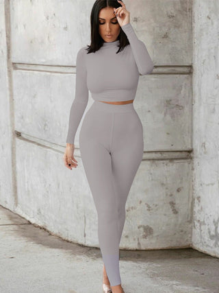 Mock Neck Long Sleeve Top and High Waist Pants Set Trendsi