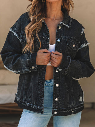 Button Up Raw Hem Distressed Denim Jacket Divacious