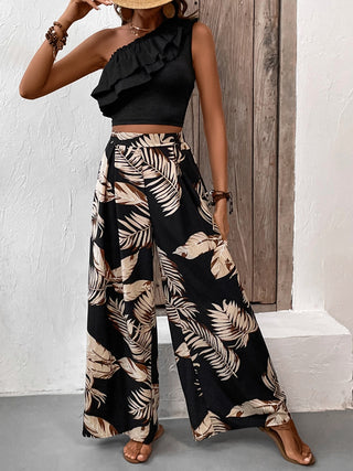 Honey Ruffled Sleeveless Top and Printed Pants Set Trendsi