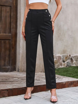 Decorative Button Elastic Waist Pants - Divacious