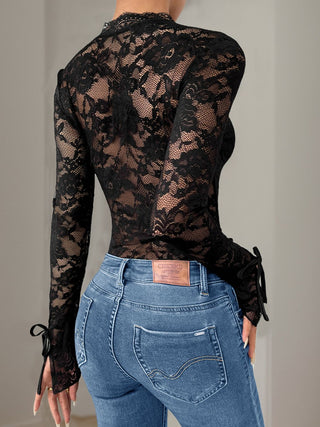 Perfee Lace V-Neck Long Sleeve Bodysuit Trendsi