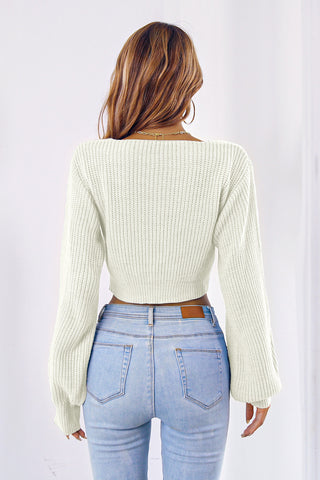 Bow V-Neck Long Sleeve Cropped Sweater Divacious