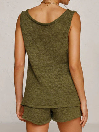 V-Neck Sleeveless Top and Drawstring Shorts Sweater Set Trendsi