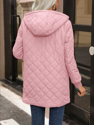 Quilted Zip Up Hooded Jacket with Pockets - Divacious