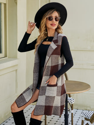 Plaid Lapel Collar Sleeveless Cardigan Divacious