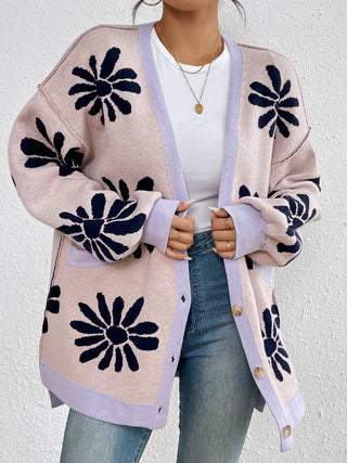 Contrast Dropped Shoulder Long Sleeve Cardigan Divacious