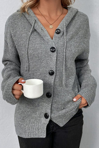 Drawstring Button Up Hooded Cardigan Divacious