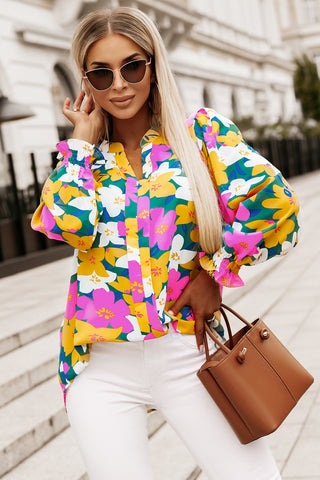 Floral Print Notched Neck Lantern Sleeve Blouse Divacious