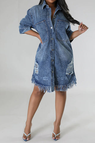 Distressed Raw Hem Button Up Denim Dress Divacious