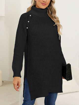 Slit Turtleneck Long Sleeve Sweater - Divacious