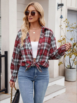 Pocketed Plaid Collared Neck Long Sleeve Shirt Divacious