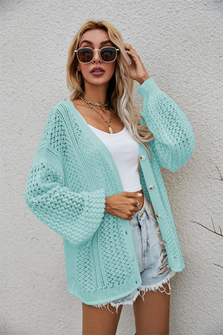 Openwork V-Neck Button Up Cardigan Divacious