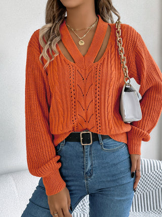 Cutout V-Neck Long Sleeve Sweater - Divacious