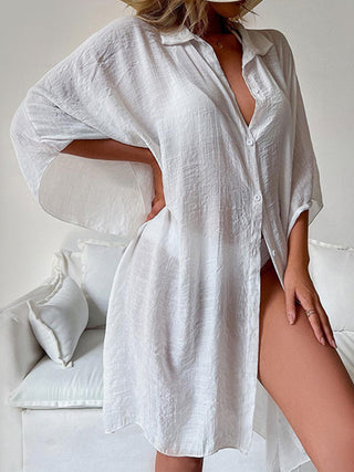 Button Up Three-Quarter Sleeve Cover Up Divacious