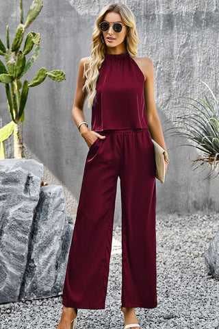 Devine Grecian Neck Sleeveless Pocketed Top and Pants Set Trendsi