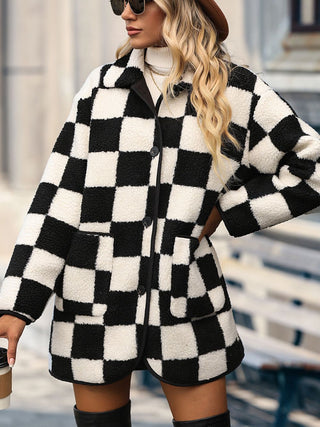 Full Size Checkered Button Front Coat with Pockets Divacious