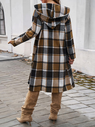 Plaid Long Sleeve Hooded Coat Divacious