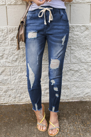 Drawstring Distressed Raw Hem Jeans with Pockets Divacious