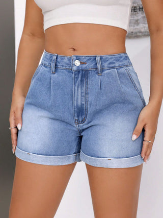 Rolled Hem Mid-Rise Waist Denim Shorts Divacious