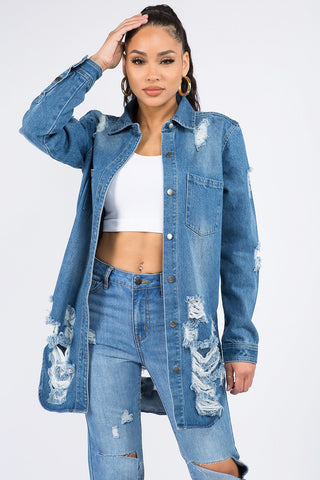 Distressed Button Down Denim Shirt Jacket Divacious