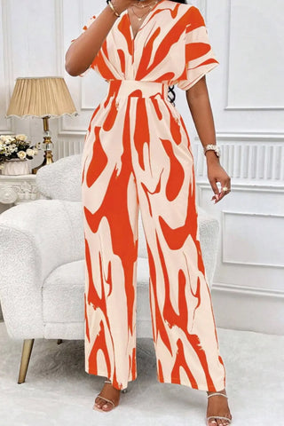 Printed V-Neck Short Sleeve Wide Leg Jumpsuit Divacious