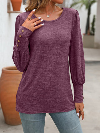 Decorative Button Round Neck Long Sleeve T-Shirt Divacious