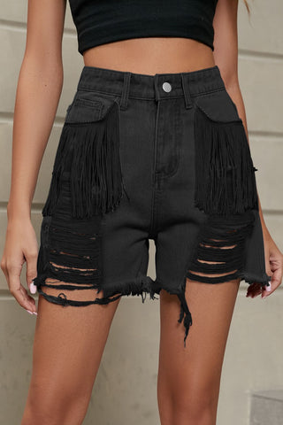 Fringe Trim Distressed Denim Shorts with Pockets Divacious