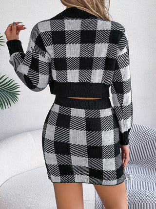 Plaid Round Neck Top and Skirt Sweater Set Trendsi