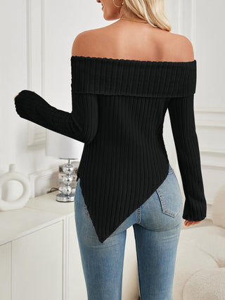 Ribbed Asymmetrical Hem Off-Shoulder Long Sleeve T-Shirt - Divacious