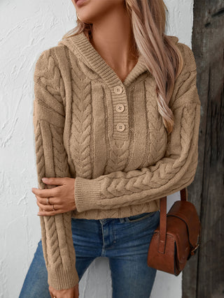 Cable-Knit Long Sleeve Hooded Sweater - Divacious