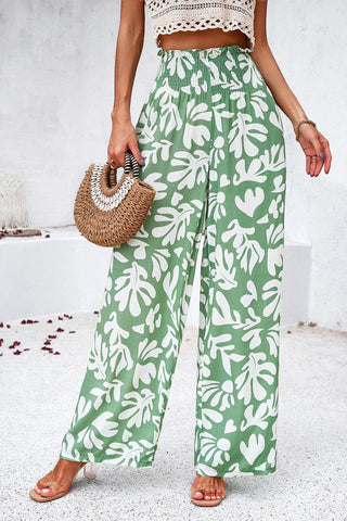 Smocked Printed Wide Leg Pants with Pockets Divacious