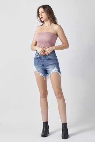 Raw Hem Asymmetrical Waist Denim Shorts Divacious