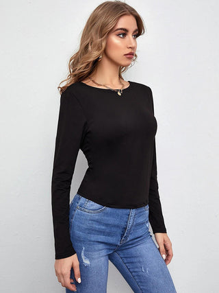 Backless Round Neck Long Sleeve T-Shirt Divacious