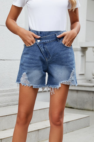 Distressed Raw Hem Asymmetric Waist Denim Shorts Divacious