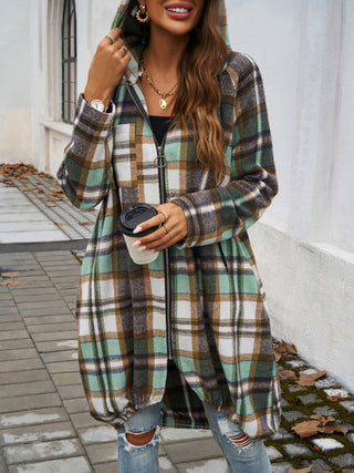 Plaid Zip Up Hooded Coat Divacious