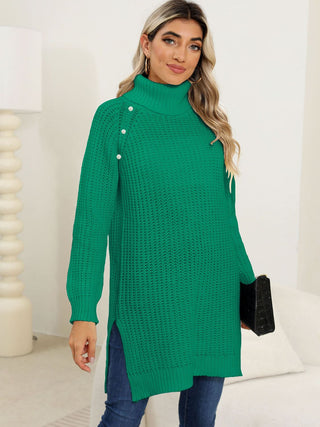 Slit Turtleneck Long Sleeve Sweater - Divacious