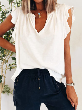 Ruffled Notched Cap Sleeve T-Shirt Divacious