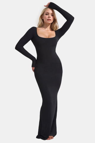 Built-In Shapewear Square Neck Long Sleeve Maxi Dress - Divacious