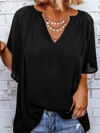 Ruched Notched Half Sleeve Blouse Divacious