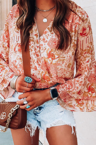 Floral Surplice Flare Sleeve Bodysuit Divacious