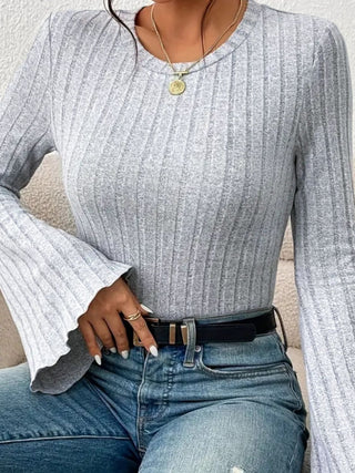 Ribbed Round Neck Flare Sleeve T-Shirt - Divacious